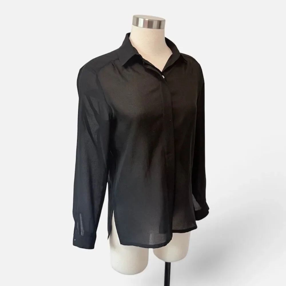 Contempo Casuals Black Sheer Button Down Blouse Small Top Shirt VTG 70s